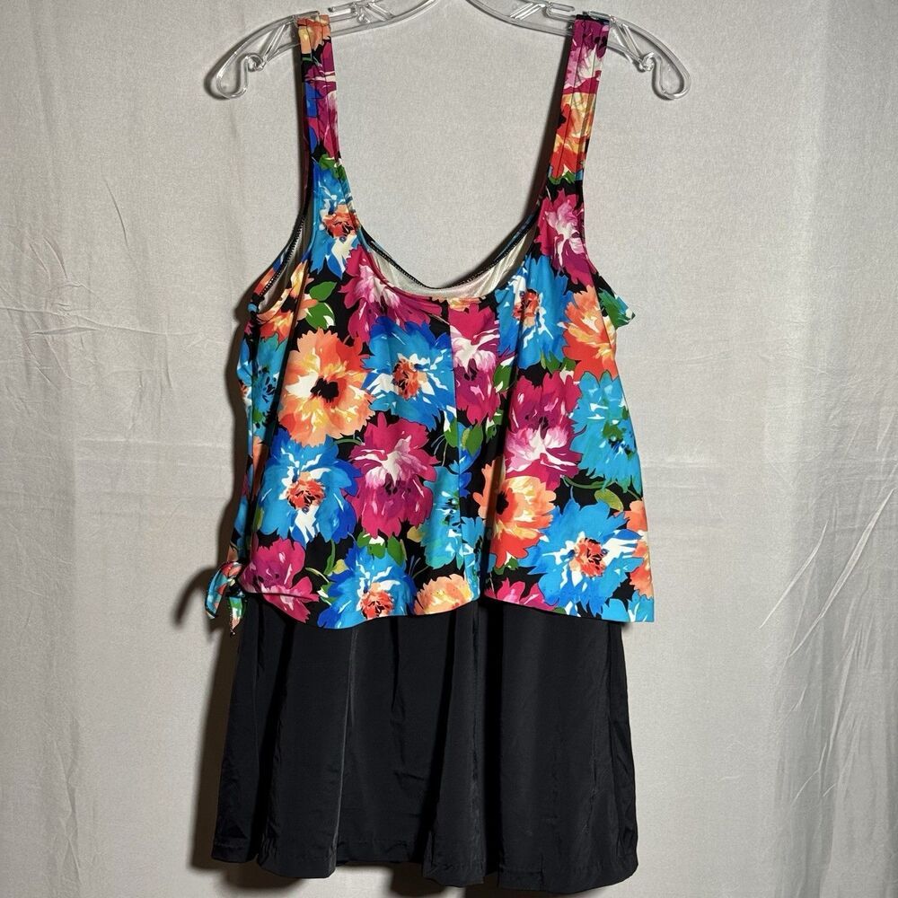 Le Cove Swim Dress Size 18 Black Floral Tankini Skirted One Piece Plus Vacation